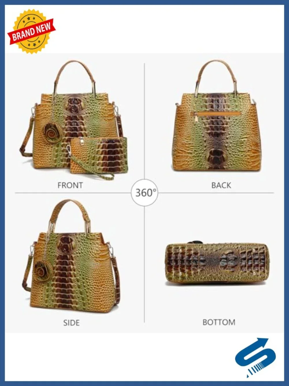 2-Piece Tote Bag Set with Wallet, Crocodile Print, Large Structured Shoulder